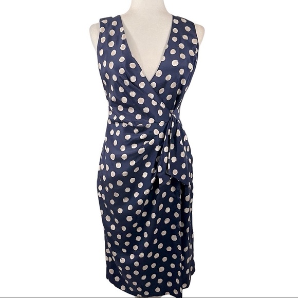 ST. JOHN Sleeveless Faux Wrap Silk Polka Dot Dress - Picture 1 of 13